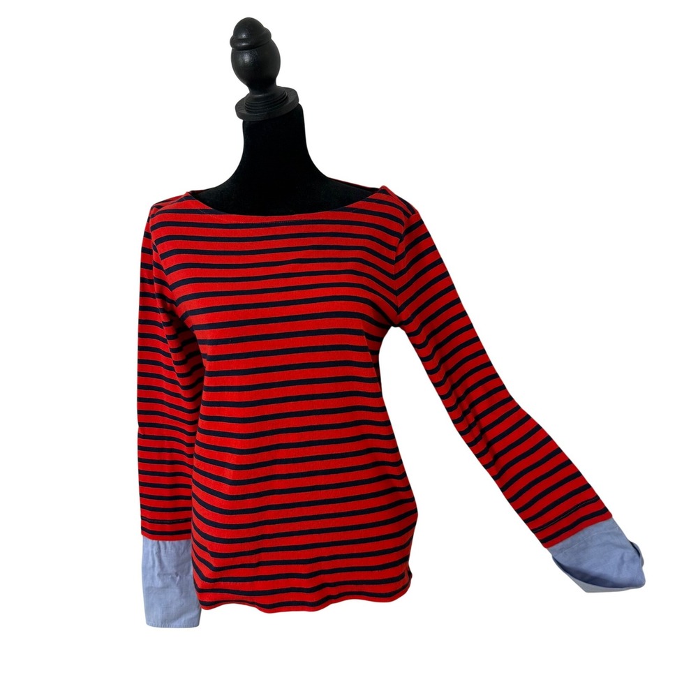 J.Crew Red Navy Striped Boatneck Top Oxford Cuffs Nautical Preppy Parisian Sz XS